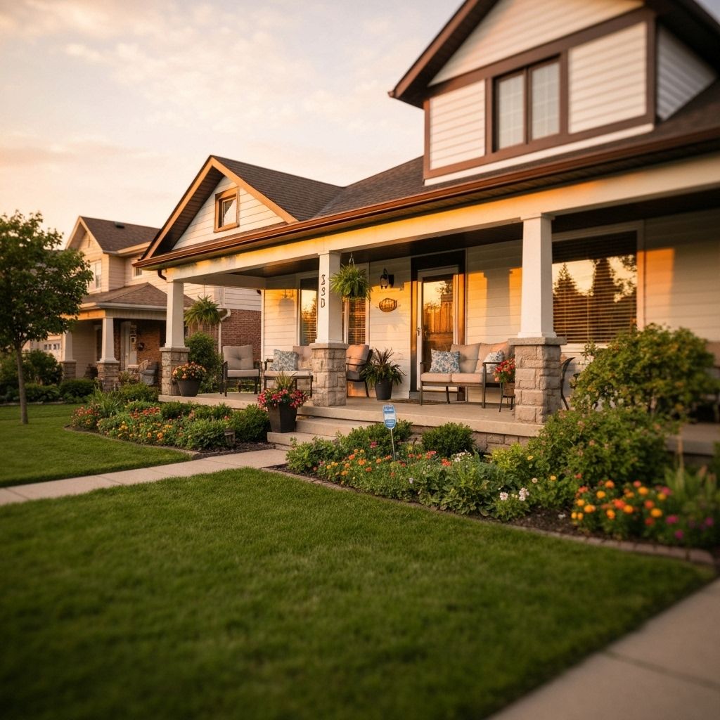 Mississauga suburban exterior at golden hour with welcoming porch