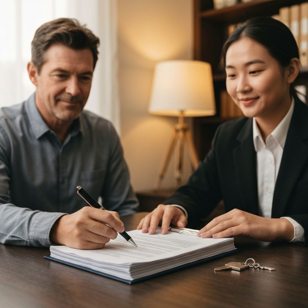Solicitor's office signing moment with pen and house keychain